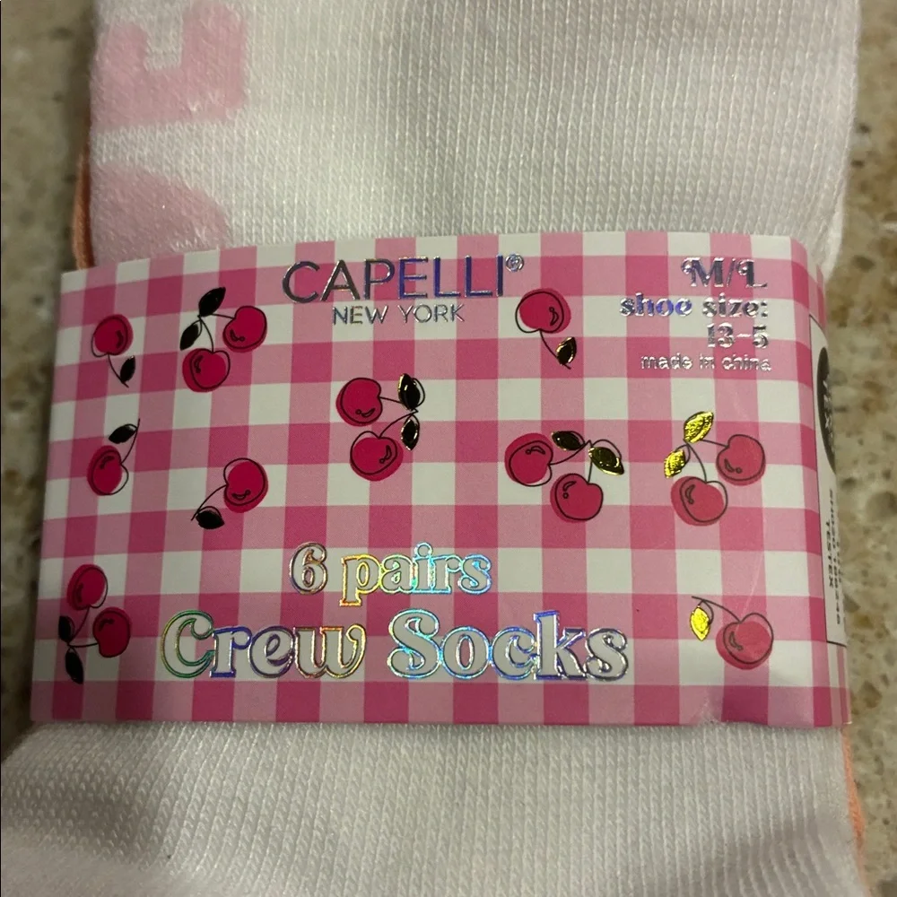 NWT Capelli of New York Cherry Assorted Crew Socks Set of 5 Pair Size M/L 12-5.5